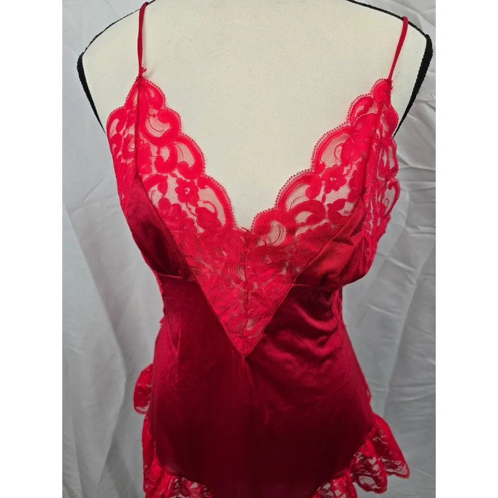 Interludes by Cira Red‎ Lace Trim Teddy Bodysuit Lingerie Vintage Style Medium